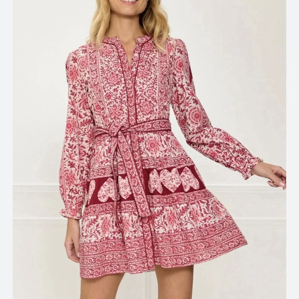 Pink City Prints Gemma Burgundy Patchwork Tiered Mini Dress Sz M Pink Hearts NEW